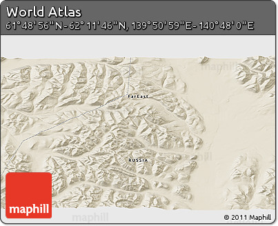 Shaded Relief 3D Map of the Area around 62° 0' 21" N, 140° 19' 29" E