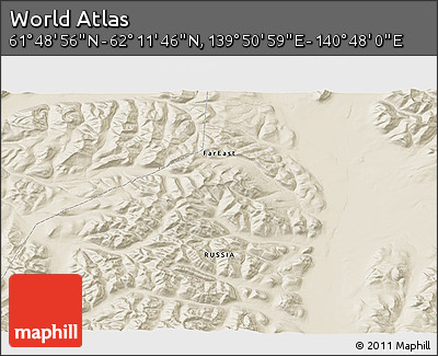 Shaded Relief 3D Map of the Area around 62° 0' 21" N, 140° 19' 29" E