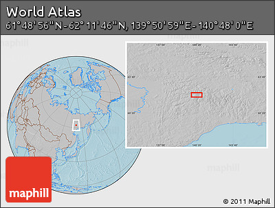 Gray Location Map of the Area around 62° 0' 21" N, 140° 19' 29" E, hill shading