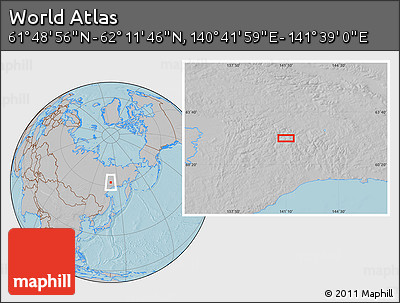 Gray Location Map of the Area around 62° 0' 21" N, 141° 10' 30" E, hill shading