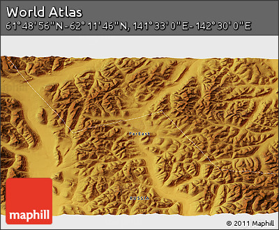 Physical 3D Map of the Area around 62° 0' 21" N, 142° 1' 30" E