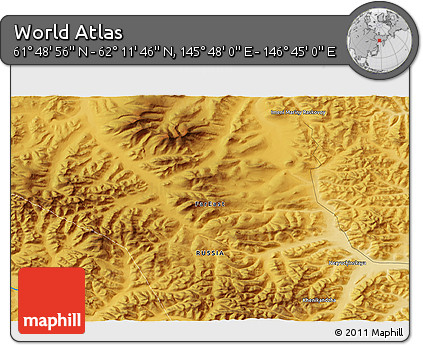 Physical 3D Map of the Area around 62° 0' 21" N, 146° 16' 30" E