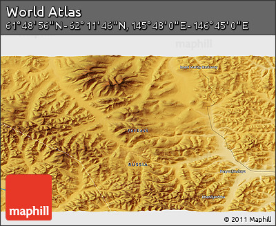 Physical 3D Map of the Area around 62° 0' 21" N, 146° 16' 30" E
