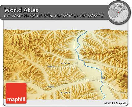 Physical 3D Map of the Area around 62° 0' 21" N, 147° 7' 30" E
