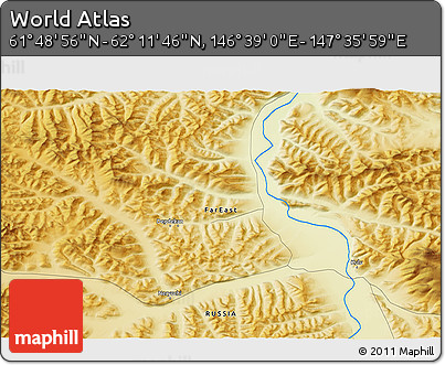 Physical 3D Map of the Area around 62° 0' 21" N, 147° 7' 30" E