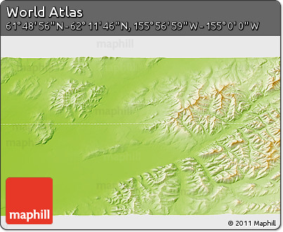 Physical 3D Map of the Area around 62° 0' 21" N, 155° 28' 29" W