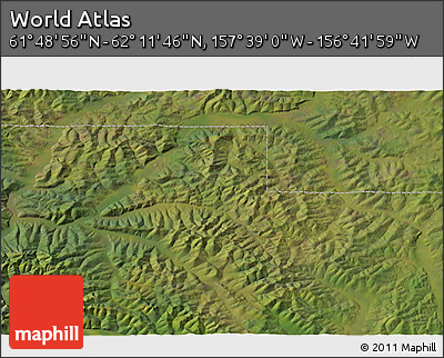 Satellite 3D Map of the Area around 62° 0' 21" N, 157° 10' 30" W
