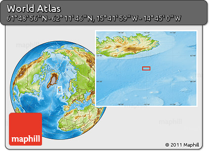 Physical Location Map of the Area around 62° 0' 21" N, 15° 13' 29" W
