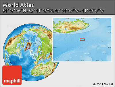 Physical Location Map of the Area around 62° 0' 21" N, 15° 13' 29" W