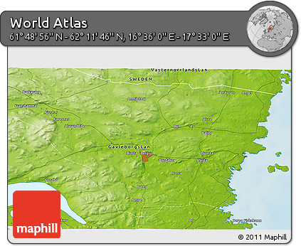 Physical 3D Map of the Area around 62° 0' 21" N, 17° 4' 30" E