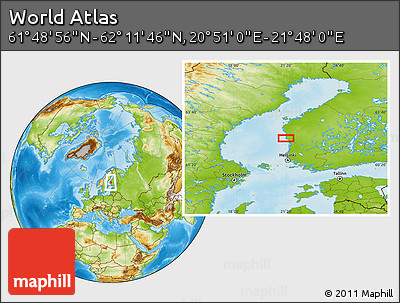 Physical Location Map of the Area around 62° 0' 21" N, 21° 19' 30" E