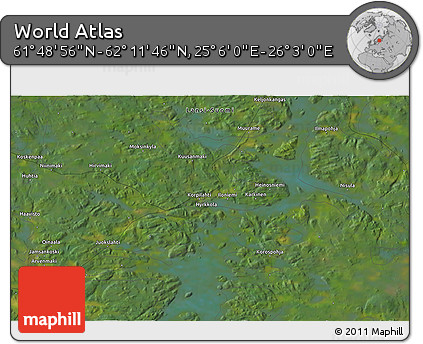 Satellite 3D Map of the Area around 62° 0' 21" N, 25° 34' 30" E