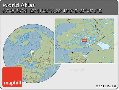Savanna Style Location Map of the Area around 62° 0' 21" N, 27° 16' 29" E, hill shading