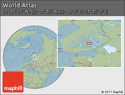 Savanna Style Location Map of the Area around 62° 0' 21" N, 27° 16' 29" E, hill shading