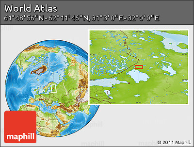 Physical Location Map of the Area around 62° 0' 21" N, 31° 31' 29" E