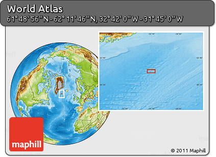 Physical Location Map of the Area around 62° 0' 21" N, 32° 13' 30" W