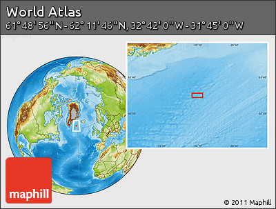 Physical Location Map of the Area around 62° 0' 21" N, 32° 13' 30" W