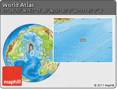 Physical Location Map of the Area around 62° 0' 21" N, 32° 13' 30" W