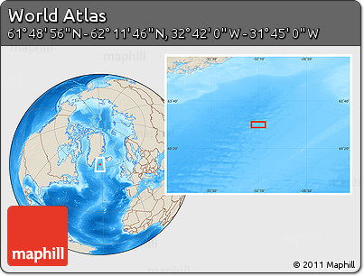 Shaded Relief Location Map of the Area around 62° 0' 21" N, 32° 13' 30" W