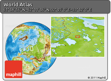 Physical Location Map of the Area around 62° 0' 21" N, 33° 13' 30" E