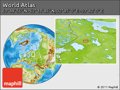 Physical Location Map of the Area around 62° 0' 21" N, 33° 13' 30" E