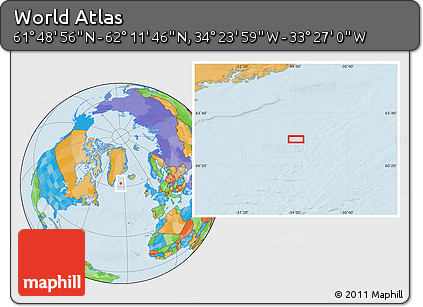 Political Location Map of the Area around 62° 0' 21" N, 33° 55' 29" W