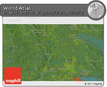 Satellite 3D Map of the Area around 62° 0' 21" N, 34° 4' 30" E