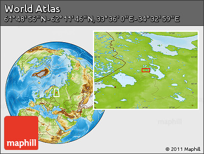Physical Location Map of the Area around 62° 0' 21" N, 34° 4' 30" E