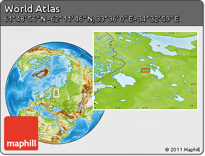Physical Location Map of the Area around 62° 0' 21" N, 34° 4' 30" E