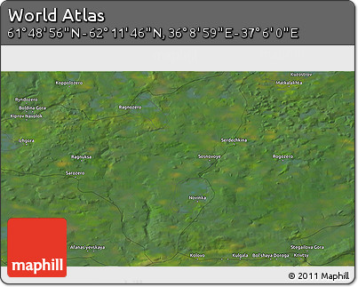Satellite 3D Map of the Area around 62° 0' 21" N, 36° 37' 30" E