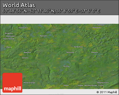 Satellite 3D Map of the Area around 62° 0' 21" N, 36° 37' 30" E