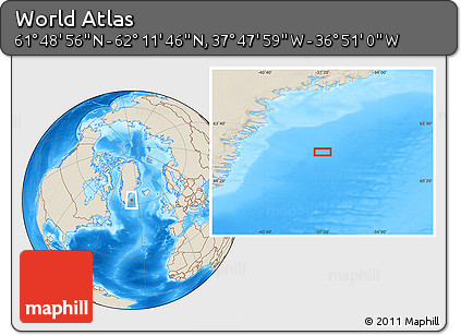 Shaded Relief Location Map of the Area around 62° 0' 21" N, 37° 19' 30" W