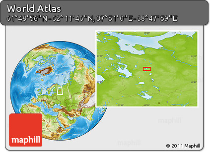 Physical Location Map of the Area around 62° 0' 21" N, 38° 19' 30" E