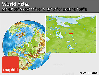 Physical Location Map of the Area around 62° 0' 21" N, 38° 19' 30" E