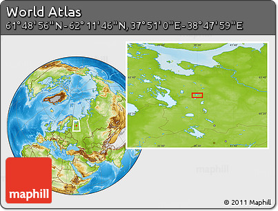 Physical Location Map of the Area around 62° 0' 21" N, 38° 19' 30" E