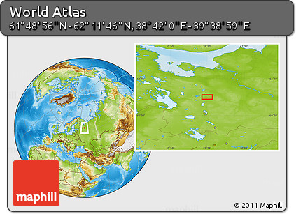 Physical Location Map of the Area around 62° 0' 21" N, 39° 10' 29" E