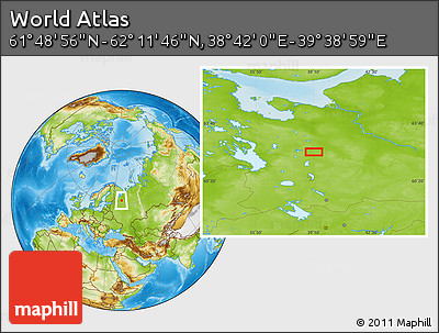 Physical Location Map of the Area around 62° 0' 21" N, 39° 10' 29" E