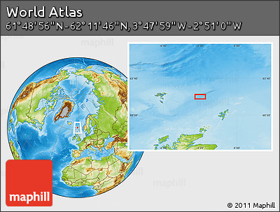 Physical Location Map of the Area around 62° 0' 21" N, 3° 19' 30" W