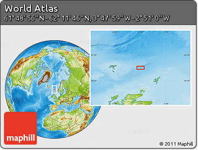 Physical Location Map of the Area around 62° 0' 21" N, 3° 19' 30" W