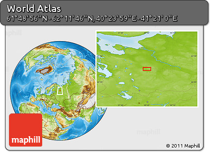 Physical Location Map of the Area around 62° 0' 21" N, 40° 52' 30" E