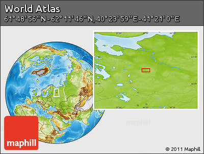 Physical Location Map of the Area around 62° 0' 21" N, 40° 52' 30" E