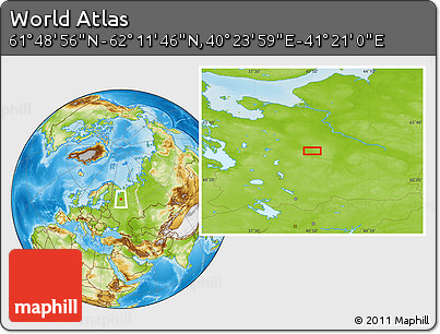 Physical Location Map of the Area around 62° 0' 21" N, 40° 52' 30" E
