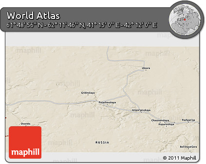 Shaded Relief 3D Map of the Area around 62° 0' 21" N, 41° 43' 30" E