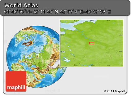 Physical Location Map of the Area around 62° 0' 21" N, 43° 25' 29" E