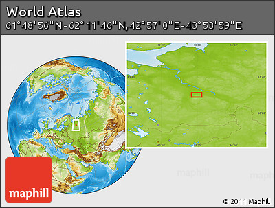 Physical Location Map of the Area around 62° 0' 21" N, 43° 25' 29" E