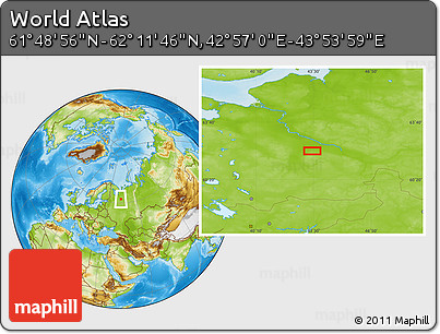 Physical Location Map of the Area around 62° 0' 21" N, 43° 25' 29" E