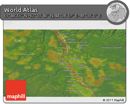 Satellite 3D Map of the Area around 62° 0' 21" N, 45° 7' 30" E