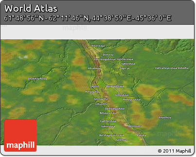 Satellite 3D Map of the Area around 62° 0' 21" N, 45° 7' 30" E