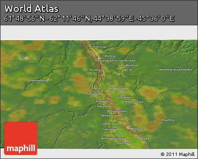 Satellite 3D Map of the Area around 62° 0' 21" N, 45° 7' 30" E