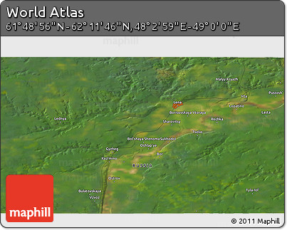 Satellite 3D Map of the Area around 62° 0' 21" N, 48° 31' 29" E